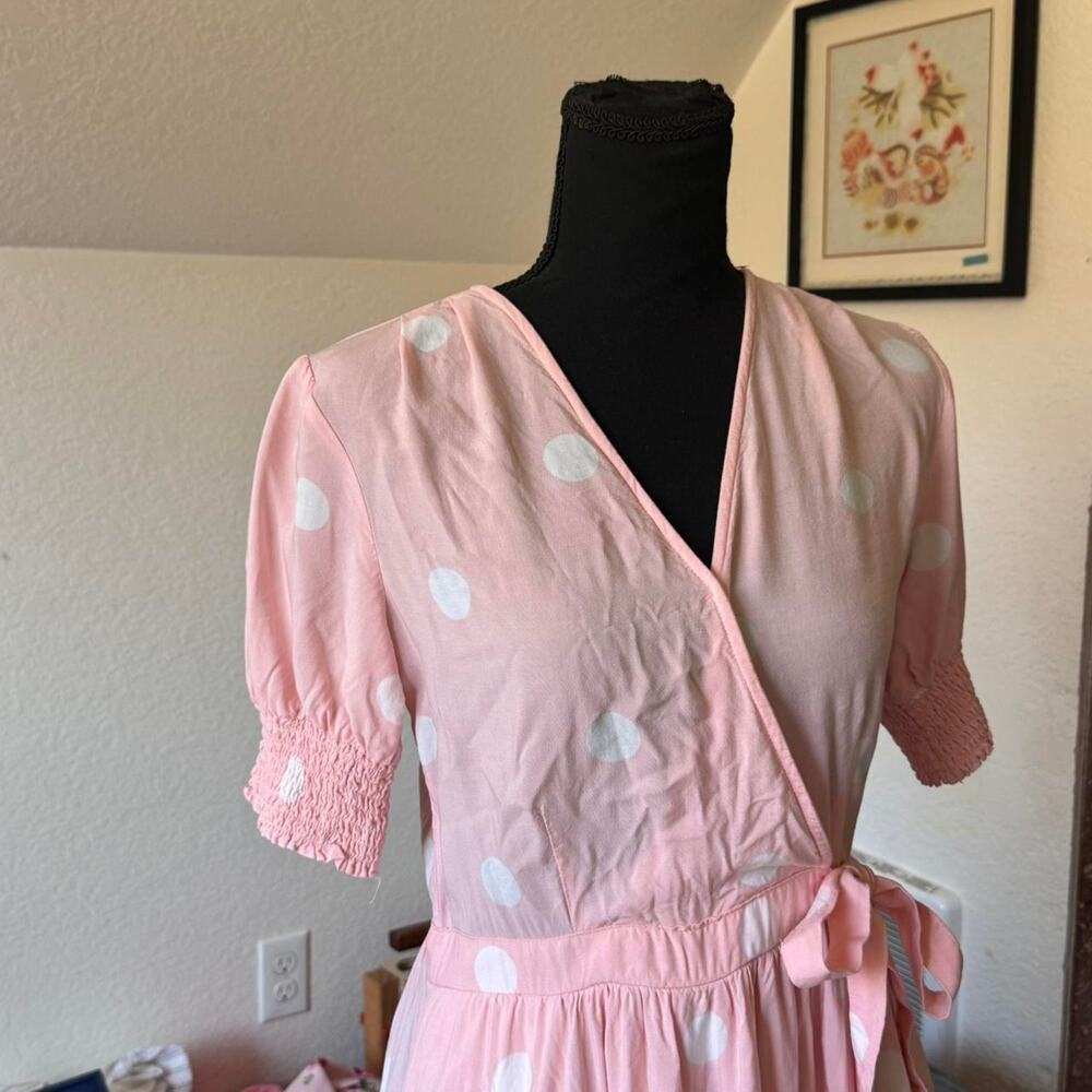 J glee Baby pink polka dot wrap dress shirred sz med cottagecore coquette